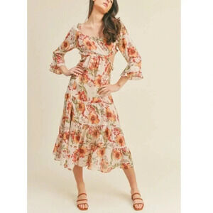 Lush Dress Size Medium Fall Floral Cream Marsala Ruffle Cutout Tiered